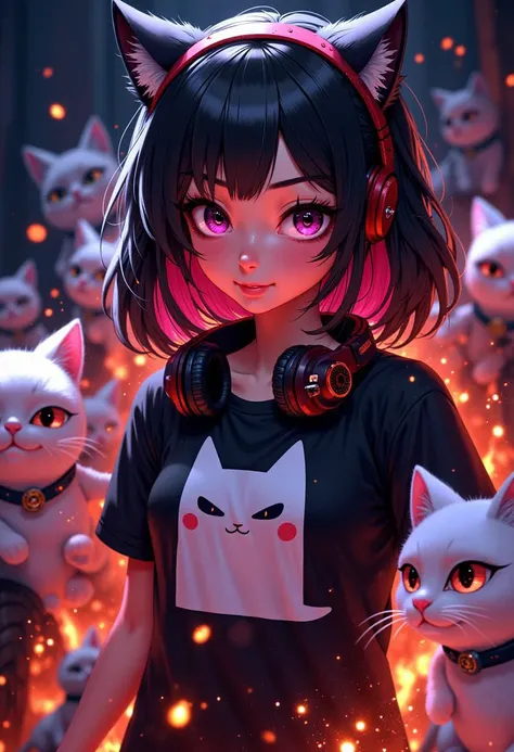 Anime style, girl wearing meme cat shirt, silly, smug, beautiful, high quality, hand drawn, surrounded by cats,
black hair, pink highlights, headphones on shoulders,
MythAn1m3,
Lisa frank shirt,
Sparks and embers fly around her in the dimly lit, blurred background. Anime style, high contrast, and saturated colors. <lora:FluxMythP0rtr4itStyle:0.8>