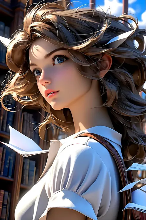 young androgyn woman, perfect body, pretty face, sexy outfit, dynamic pose, flip hairstyle hair style, dark blonde hairs, a relaxed facial expression with a slightly open mouth, looking afar, from the side, photorealistic, hyperrealistic art, extremely high-resolution details, photographic, realism pushed to extreme, fine texture, incredibly lifelike, model shot style, in enchanted library the clouds with floating books, absurdres, masterpiece, 8k, high detail, intricate, best quality