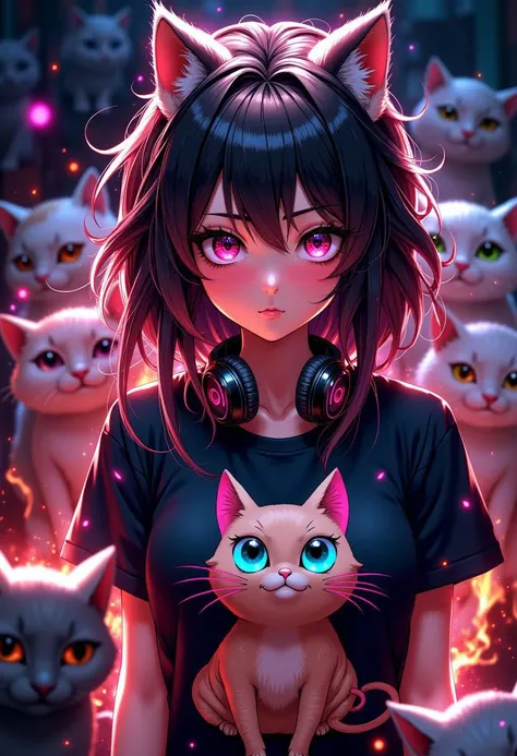 Anime style, girl wearing meme cat shirt, silly, smug, beautiful, high quality, hand drawn, surrounded by cats,
black hair, pink highlights, headphones on shoulders,
MythAn1m3,
((Lisa frank shirt, rainbow cats,))
Sparks and embers fly around her in the dimly lit, blurred background. Anime style, high contrast, and saturated colors. <lora:FluxMythP0rtr4itStyle:0.8>