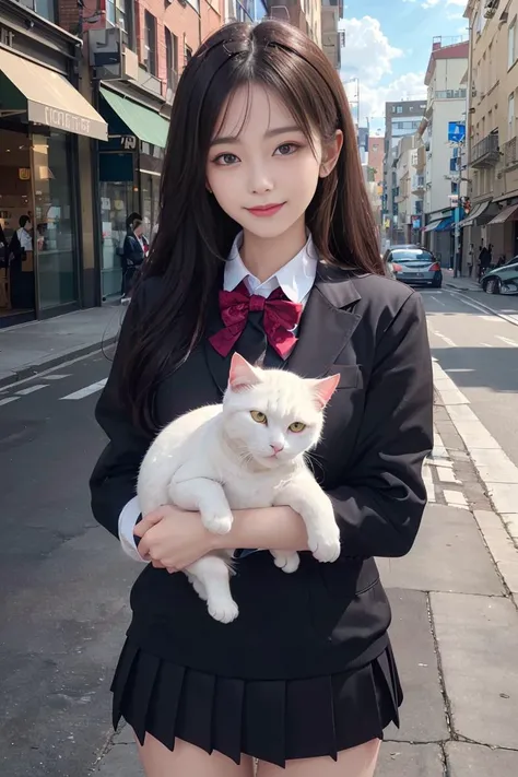 raw photo, ultra realistic,(masterpiece, 8k uhd, HDR, extreme detailed, intricate details, best quality, professional, vivid colors),looking at viewer,
1girl,smile,wearing school uniform,and Holding a white cat,cat in her arms,city,at street,
<lora:pureInnocentGirl_v25:0.48>
