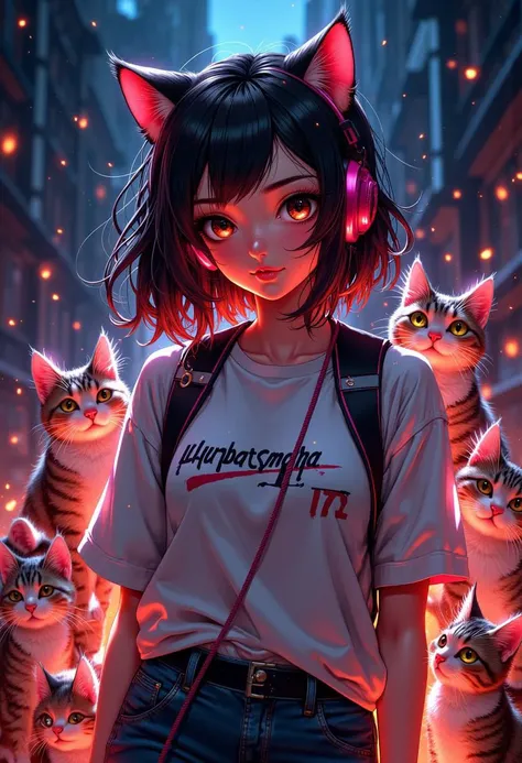 Anime style, girl wearing cat shirt, silly, smug, beautiful, high quality, hand drawn, surrounded by cats, no cat ears,
black hair, pink highlights, headphones on shoulders,
MythAn1m3,
((Lisa frank shirt, rainbow cats,))
Sparks and embers fly around her in the dimly lit, blurred background. Anime style, high contrast, and saturated colors. <lora:FluxMythP0rtr4itStyle:0.8>