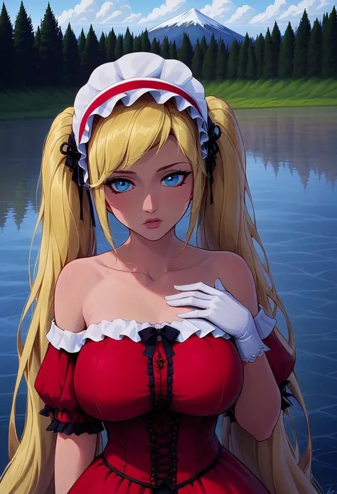 score_9, score_8_up, score_7_up, woman, 1girl, cute, 18 years old, (masterpiece, best quality:1.2),illustration,8k,hd,1 girl,blonde hair,very long hair,solo,(collarbone:1.2),looking at viewer,twintails,
chrismas E,red dress,white gloves,frills,bonnet,bare shoulders,big breasts,outdoors,(day, lake:1.5),extremely detailed dress,crystalstexture skin,front view,