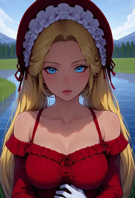 score_9, score_8_up, score_7_up, woman, 1girl, cute, 18 years old, (masterpiece, best quality:1.2),illustration,8k,hd,1 girl,blonde hair,very long hair,solo,(collarbone:1.2),looking at viewer,twintails,
chrismas E,red dress,white gloves,frills,bonnet,bare shoulders,big breasts,outdoors,(day, lake:1.5),extremely detailed dress,crystalstexture skin,front view,