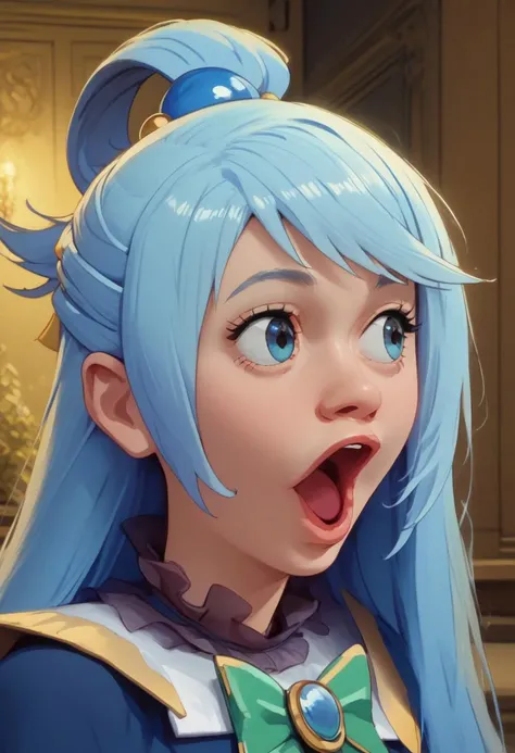 score_9, score_8_up, score_7_up, masterpiece, intricate detail, high quality, perfect proportions, Theodore Robinson Style, Expressiveh, woman, 1girl, norman rockwell style, BREAK, 1girl, Aqua_(Konosuba), long hair,( blue hair:1.2), blue clothes, pog, open mouth, portrait, looking to the side