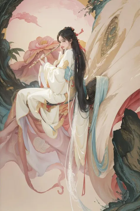 Best quality, masterpiece, official art,(1girl), ((holding a chinese flute)),ink painting, ((moon:1)), (((upper body:1.1))),Chinese style pink flower , Chinese style water, Mountain, <lora:ZXGD:0.55> <lora:Chinese style:0.3> <lora:zhongfenghua:0.4> hanfu, white smoke, zentangle,((background surrounded by mountains:0.35)), fly,