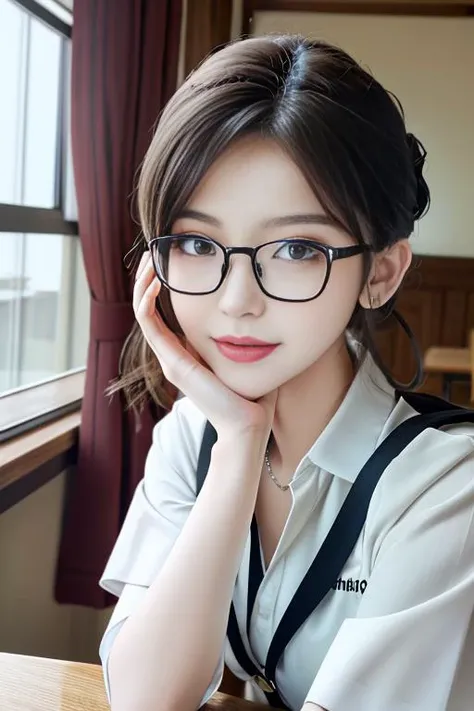 masterpiece,best quality,highres,,8K,
hyper realistic,lifelike texture,dramatic lighting,Nikon RAW photo,8k,Fujifilm XT3,masterpiece,best quality,realistic,ultra detailed,extremely detailed face,,
1girl,(beautiful face),(beautiful eyes),[blue|brown:0.8] eyes,Updo haircut,floating hair,,
teenage young student,(framed eyewear),cutie,(smile:0.8),,
in the classroom,The sun shines in through the window,indoors,,
(student uniform:1.2),(white uniform:0.8),white pantyhose,<lora:40D_vertical_stripe_white_pantyhose:1>,,ulzzang-6500-v1.1,