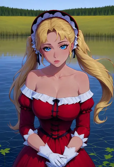 score_9, score_8_up, score_7_up, woman, 1girl, cute, 18 years old, (masterpiece, best quality:1.2),illustration,8k,hd,1 girl,blonde hair,very long hair,solo,(collarbone:1.2),looking at viewer,twintails,
chrismas E,red dress,white gloves,frills,bonnet,bare shoulders,big breasts,outdoors,(day, lake:1.5),extremely detailed dress,crystalstexture skin,front view,