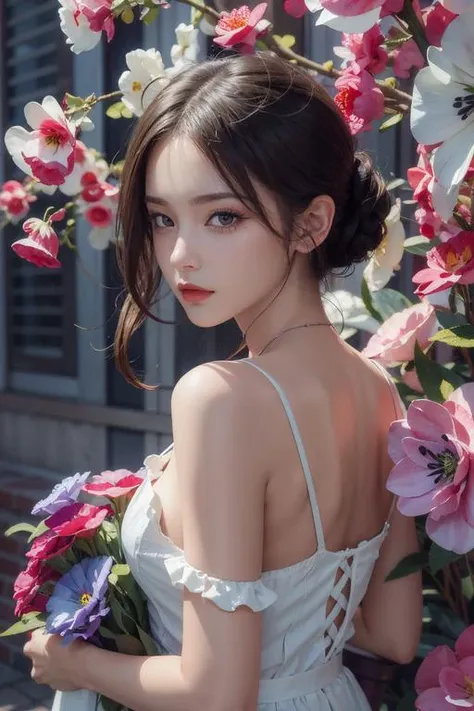 1girl, (looking at viewer:1.2), detail face, (a girl standing, rending on cgsociety, Rose bush backdrop), romanticism, atmospheric, (RAW photo, best quality), (realistic, photo-realistic:1.3), masterpiece, an extremely delicate and beautiful, extremely detailed, D cup,Cleavage,Translucent brown tube top 1.5)Rainy Day,Her whole body was very wet