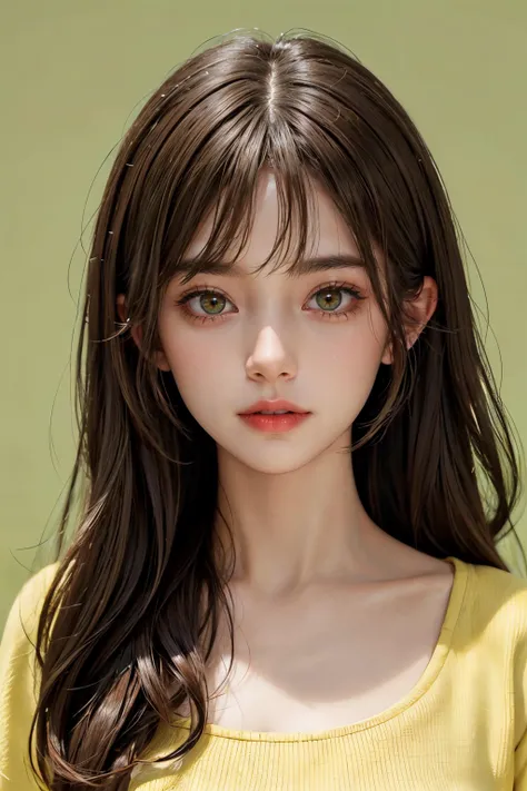 1girl, brown hair, bangs, green_eyes, upper body, portrait, simple_background, yellow_background, high detailed skin,  <lora:add_detail:1>