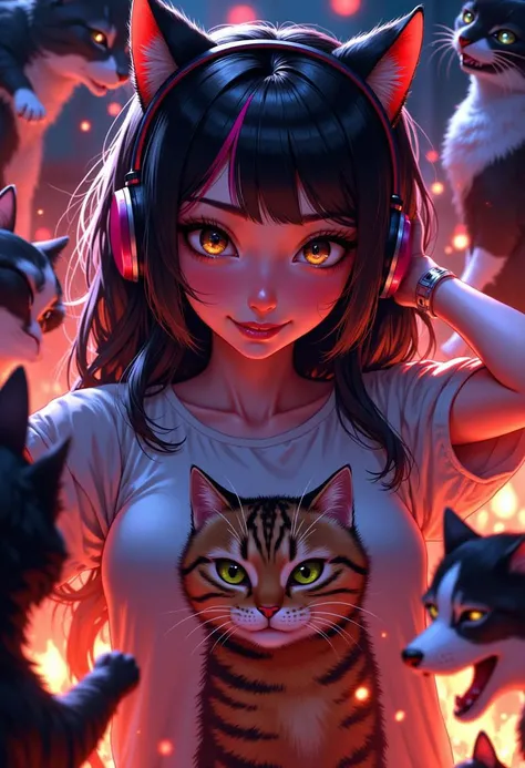 Anime style, girl wearing meme cat shirt, silly, smug, beautiful, high quality, hand drawn, surrounded by cats,
black hair, pink highlights, headphones on shoulders,
MythAn1m3,
Lisa frank shirt,
Sparks and embers fly around her in the dimly lit, blurred background. Anime style, high contrast, and saturated colors. <lora:FluxMythP0rtr4itStyle:0.8>