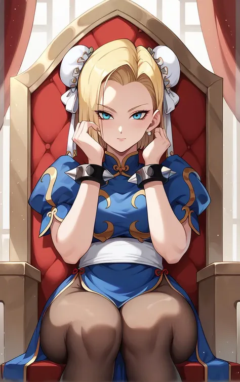 score_9, score_8_up, score_7_up, BREAK
ChunliOutfit_Android18_ownwaifu, android 18,
1girl, blonde hair, blue eyes, earrings, forehead, short hair, straight hair,
blue dress, bun cover, china dress, chinese clothes, chun-li, double bun, hair bun, jewelry, pantyhose, pelvic curtain, sash, spiked bracelet, spikes, puffy sleeves, puffy short sleeves, short sleeves,
(sitting on throne, sitting, throne), throne room, straight-on, curtains, light particles, bokeh, loaded interior, indoors, <lora:PONYXL_DragonBall_Android18_ownwaifu:0.75>, solo,