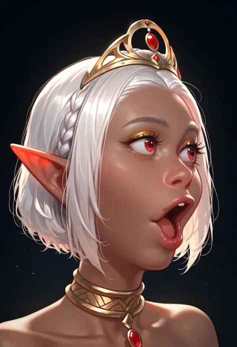 score_9,score_8_up,score_7_up,score_6_up,
1girl, short hair, white hair, bob cut with thin braids, multiple braids, cute, ( white hair:1.3), red eyes, dark skinned girl, dark elf, 20 years old, golden jewelry, tiara, slender body, ankle rings, lipgloss, flat chest, perfect face, perfect eyes, puffy sleeves, intricate detail, absurdres, detailed face, detailed eyes, Expressiveh, golden eyeshadow, skin patterns, pog,, open mouth, portrait, looking to the side,