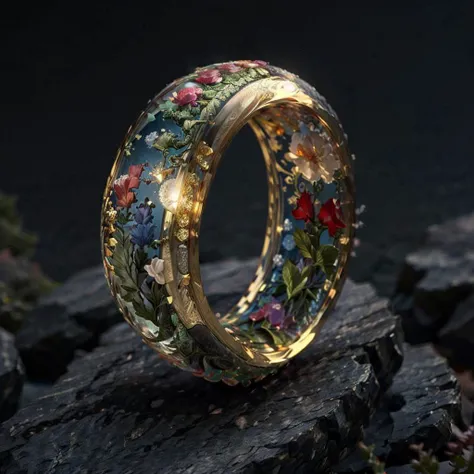 digital art, RIng, Elven ring with intricate design, luminescent, glowing, burning with fire magic, water, intricately detailed, J.R.R. Tolkien's Middle-earth, dark spring forest at night background, in deep shadows, grandiose design, volumetric lighting, strong rim light, radiant light, refraction, forest, sun shine