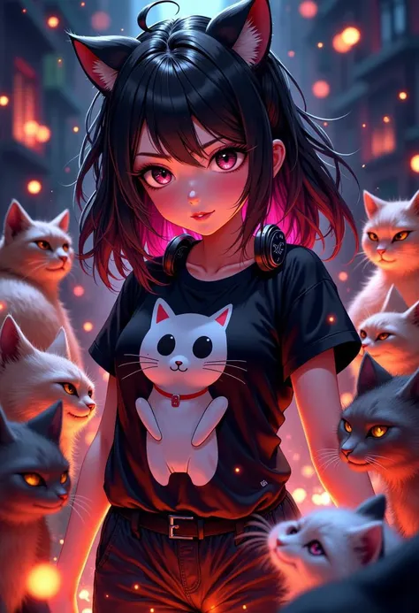 Anime style, girl wearing meme cat shirt, silly, smug, beautiful, high quality, hand drawn, surrounded by cats,
black hair, pink highlights, headphones on shoulders,
MythAn1m3,
Sparks and embers fly around her in the dimly lit, blurred background. Anime style, high contrast, and saturated colors. <lora:FluxMythP0rtr4itStyle:0.8>