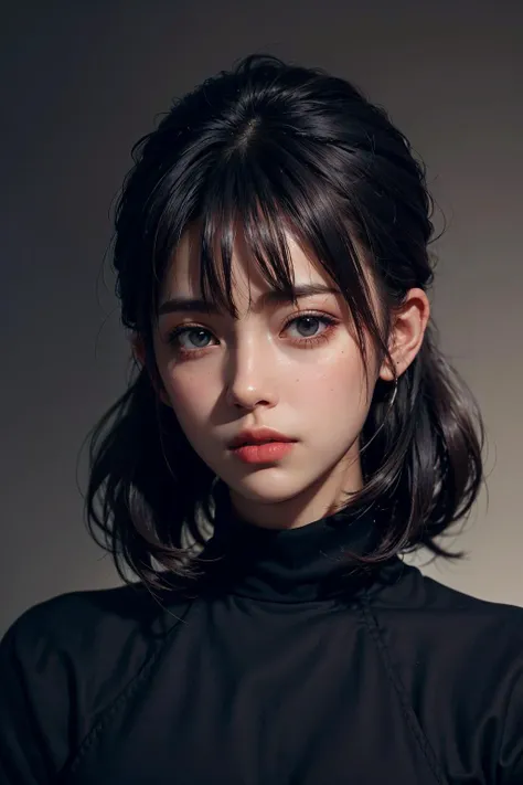 a 30 yo woman,(hi-top fade:1.3),long hair,dark theme, soothing tones, muted colors, high contrast, (natural skin texture, hyperrealism, soft light, sharp),