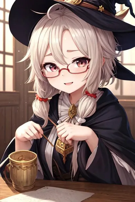 best quality,best quality, best masterpiece,
ahoge,,forehead.
girls..megane.
petite.
scrunchie..
fantasy
witch