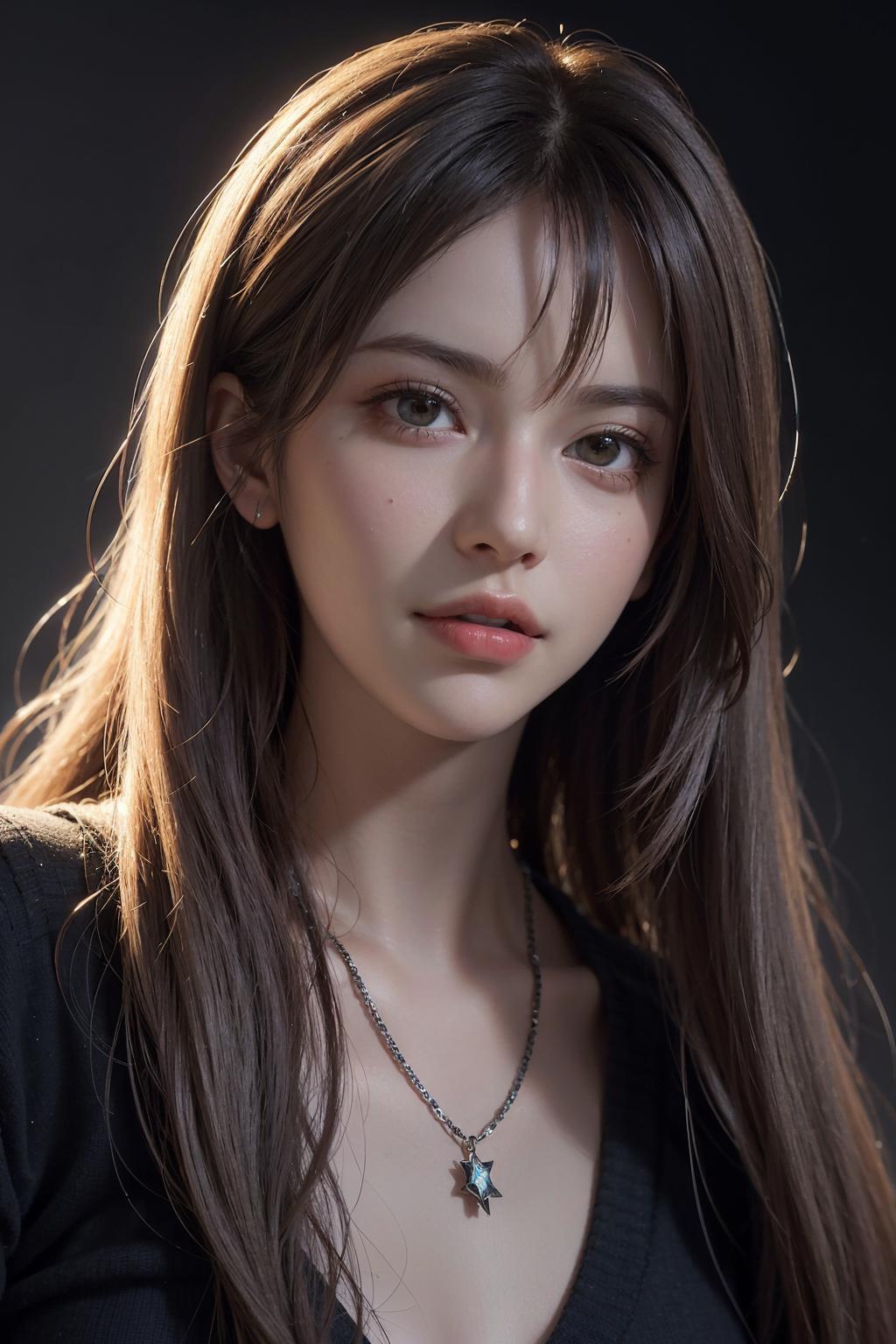 A woman with long hair and a necklace on her neck - SeaArt AI