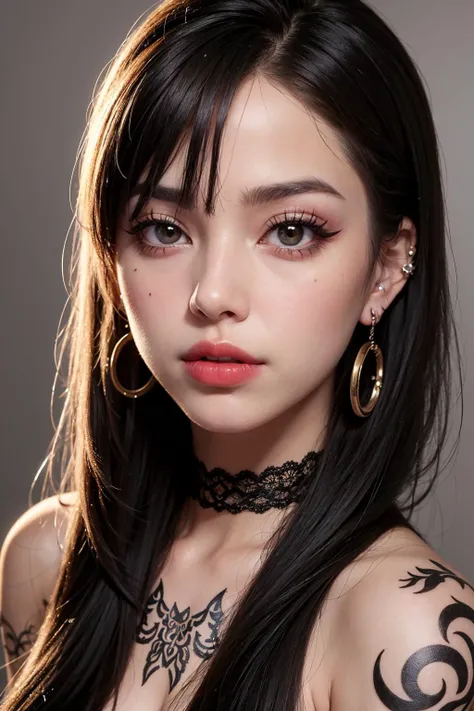 1 girl,
beautiful, cute,
portrait,
piercings, (nose piercing), ear piercing, goth, emo, eyeliner, makeup, lipstick, foundation,
bangs,
shoulder tattoo,