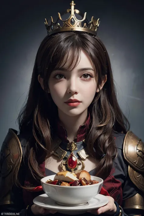 headshot of Skeletal Zombie queen wearing an ornate crown and detailed plate armor, volumetric light