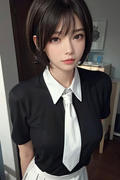 (masterpiece:1.3), (8k, photorealistic, RAW photo, best quality: 1.4), (1girl), beautiful face, (realistic face), (black hair, short hair:1.3), beautiful hairstyle, realistic eyes, beautiful detailed eyes, long eyelashes, (realistic skin), beautiful skin, medium breasts, (perfect body:1.3), (detailed body:1.2), (white collared shirt), (black pleated skirt), (necktie), absurdres, attractive, ultra high res, ultra realistic, highly detailed, golden ratio