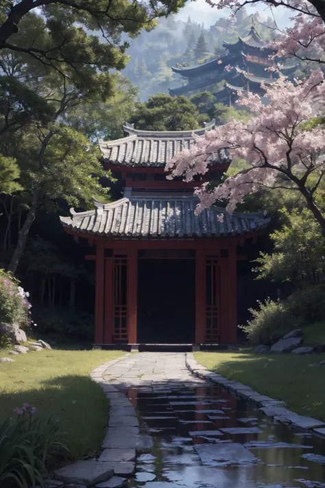 absurdres, highres, ultra detailed, artwork, brush strokes, chinese style painting, The winding path leads to the secluded place, Zen room with deep flowers and trees, rainy weather