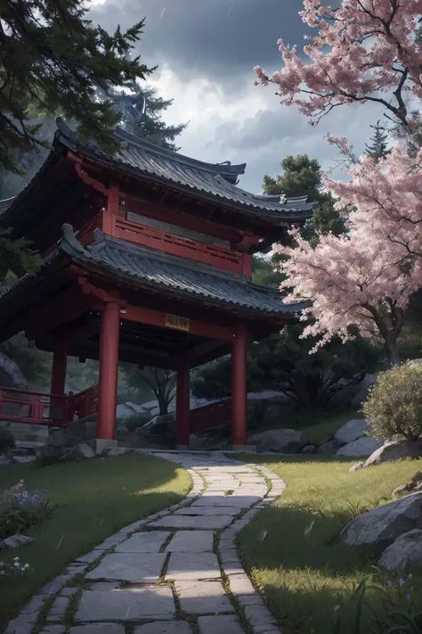 absurdres, highres, ultra detailed, artwork, brush strokes, chinese style painting, The winding path leads to the secluded place, Zen room with deep flowers and trees, rainy weather
