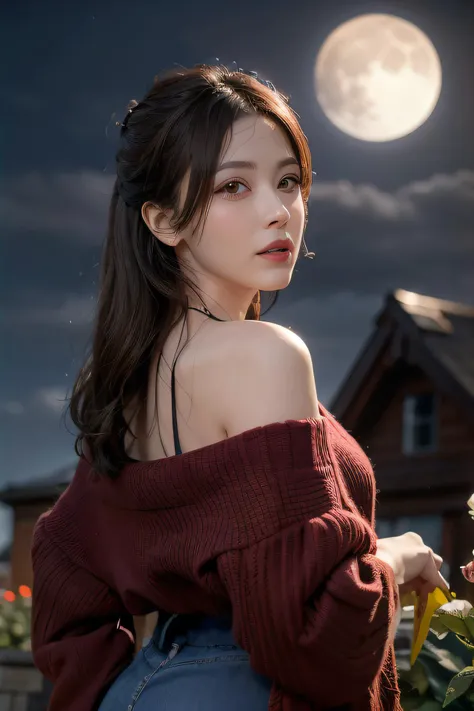 1girl, blurry, blurry_background, brown_eyes, brown_hair, depth_of_field, earrings, flower, full_moon, hair_flower, hair_ornament, lips, looking_at_viewer, moon, moonlight, night, night_sky, outdoors, red_flower, red_moon, sky, solo