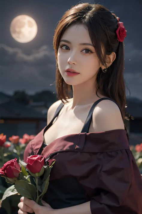 1girl, blurry, blurry_background, brown_eyes, brown_hair, depth_of_field, earrings, flower, full_moon, hair_flower, hair_ornament, lips, looking_at_viewer, moon, moonlight, night, night_sky, outdoors, red_flower, red_moon, sky, solo