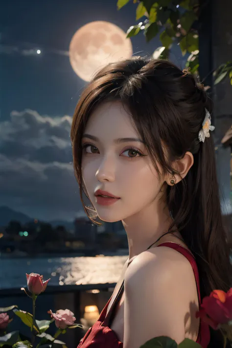 1girl, blurry, blurry_background, brown_eyes, brown_hair, depth_of_field, earrings, flower, full_moon, hair_flower, hair_ornament, lips, looking_at_viewer, moon, moonlight, night, night_sky, outdoors, red_flower, red_moon, sky, solo