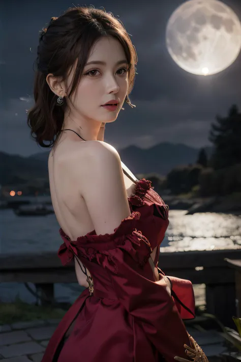 1girl, blurry, blurry_background, brown_eyes, brown_hair, depth_of_field, earrings, flower, full_moon, hair_flower, hair_ornament, lips, looking_at_viewer, moon, moonlight, night, night_sky, outdoors, red_flower, red_moon, sky, solo