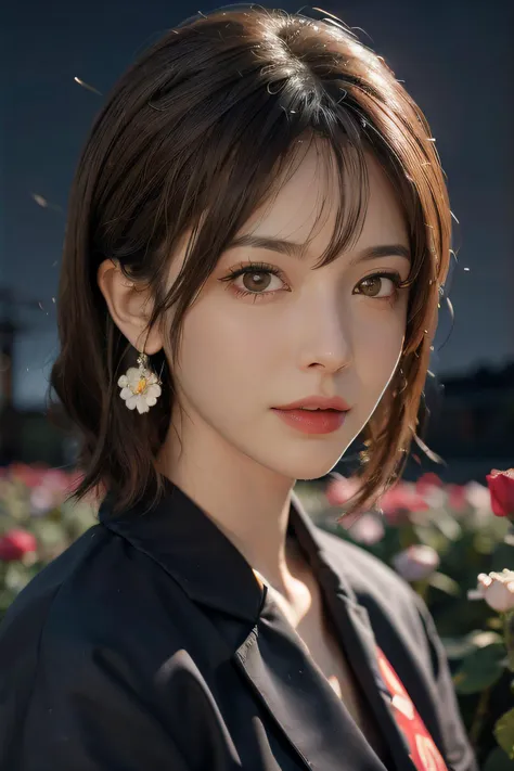 1girl, blurry, blurry_background, brown_eyes, brown_hair, depth_of_field, earrings, flower, full_moon, hair_flower, hair_ornament, lips, looking_at_viewer, moon, moonlight, night, night_sky, outdoors, red_flower, red_moon, sky, solo