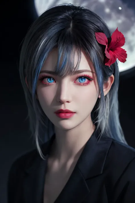 masterpiece, photorealistic, 8k uhd, 1girl, (white hair: 1.2), detailed eyes, (blue pupil:1.2), (hibiscus moon on hair:1.2), detailed skin, neon glow,