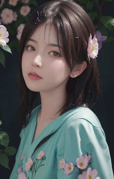 (((flowers splash at side and background))) , t-shirt design, in the style of realistic, ((pastel tetradic colors)), cute and quirky, fantasy art, bokeh, soft lighting, camera face view, retro aesthetic, focused on the character, 4K resolution, photo realistic, dynamic lighting, artstation, poster, volumetric lighting, very detailed faces , camera face , focus at face , life expression , <lora:nwsjmajic-10:0.25>