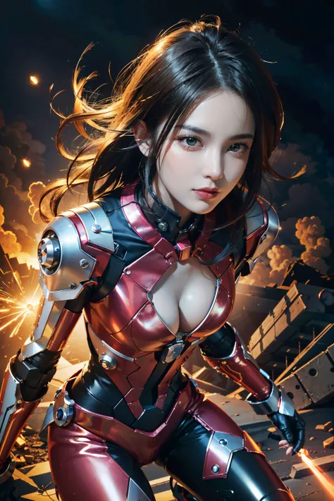 <(best quality, extremery best quality, masterpiece:1.5), (realistic, intricate details:1.2), (photorealistic:1.4), (extremely intricate:1.2), highres, ultra highres, ultra-detailed, absurdres, incredibly absurdres, extremely detailed, high quality, high resolution, hyperrealistic, ultra-realistic, hyper-detailed, top quality, best, fine detail, massive detail, Highly detailed, extreme detailed, highest detailed, high-res, absolutely resolution, reflection, (refraction:1.4)>, BREAK, 1girl, solo, looking at viewer, flat bangs, (young cute beautiful 18-year-old girl:1.1), 3d face, beautiful girl, Beautiful face, pretty, girlface, kpop idol,  supermodel, stunning innocent symmetry face, (hand of Guido Daniele), perfect body, medium breast, slim waist, slim legs, (high detailed skin:1.2), glowing eyes, goddess, natural skin texture, shiny skin, White skin, Beautiful detailed face, detailed face, real skin texture, cute delicate face, finely detailed face, golden ratio, golden ratio face, expressive eyes, perfect face, perfect skin, flawless face, clear face, shiny hair, pale skin, Proper body proportion, perfect anatomy, realistic skin texture, luscious lips, glossy lips, natural makeup, beautiful bright pupils, slender figure, intricate eyes, detailed pupils, detailed face and eyes, longeyelashes, blush, good hand, perfect hands, pretty face, beautiful female bodies, finely detailed skin, oily shiny skin, BREAK, (((((mecha musume, mechanical parts, super robot joints, robot joints, single mechanical arm, mechanical arms, headgear, mechanical halo, star halo, intricate mechanical bodysuit, mecha corset, bodysuit, full armor, (ember, battlefield, volumetric fog, grey mist, smoke, explosion, apocalyptic, destroyed city background, buildings on fire:1.3), (floating colorful sparkles:1.2), (energy beams:1.3), (highly detailed worn metal texture:1.3), (rust, dirt, dust, scratches, abrasions on the metal texture:1.2), science fiction, (Pink hair, pink theme, pink livery, pink eyes:1.3), very long hair, (A human who emits an aura from his body:1.4), (Pink energy light emanates from the body:1.4), (fullbody:1.3), (fly:1.3), (lightning discharge lightning effects:1.2), (electrocution:1.3), (Luminescent Particles:1.4), holding gun, battle, (Electric sparks, sparks, flying bullets,Dodge bullets,building hit by missile, Futuristic technology drone hit by laser weapon:1.3), adventurous look, starry sky, colorful refraction, Wormhole world, futuristic cityscape, cyberpunk, machine, extremely metal textured, neon lights, (night:1.4), wind, Rembrandt lighting, space warp, fog, Cinematic, pixel art, game art, key visual, surreal, PBR Texturing, Anisotropic Filtering, Maximum Clarity And Sharpness, Albedo And Specular Maps, Multi-Layered Textures, Surface Shading, Sub-Pixel Convolution, Sub-Pixel Convolution, Accurate Simulation Of Light-Material Interaction)))), BREAK, <blurry foreground, broad light, volumetric light effect, matte painting, perfectly defined features, volumetric lighting, Tone Mapping, Lumen Reflections, Global illumination, Ray Tracing, Screen Space Global Illumination, Accent Lighting, 32k, Natural Lighting, volumetric, cinematic masterpiece, Rule of thirds, high dynamic range, Multi-exposure HDR capture, cinematic render, game cg cinematic, atmospheric perspective, movie scene, epic dynamic frame, motion blur, ((cinematic look, Film look)), rim light, 4k textures, adobe lightroom, photolab, insane details, hyperdetailed, exposure blend, professional color grading, professional color correction, aerial perspective, particles and dust in beams of light, cinematic scene, dynamic lighting, sharp details, lomography, soft focus, light leaks, bold hues, atmospheric depth, (explosive light and shadow:1.2), aesthetics, intricate designs, ultra realistic digital art, (zentangle, mandala, tangle, entangle), (fractal art), elegant, vivid colours, floating particles, particles, dramatic, epic, (ink drawing, oil painting detailed), (dramatic lighting:1.2), (eye focus, face focus, character focus, close-up face:1.3), (dutch angle, cowboy shot:1.1), RAW, huge filesize, extremery detailed CG, Photo, 8k uhd, cinematic atmosphere, trending on artstation, award-winning glamour photograph, highly detailed photo, official art, beautiful and aesthetic, unity 8k wallpaper, beautiful, highly detailed CG illustration, best illustration, intricate, Amazing, emotional, analog, painting, digital painting, concept art, Oil Painting, illustration, Classical art, Renaissance, Romanticism, Neoclassicism, Color Palette, depth and contrast, Vibrant colors, saturated, rich saturation, color harmony, vivid palette, concept-art, design style, detail character, concept render, colorful, analog photography, dreamy atmosphere, specular highlights, atmospheric lighting, (dynamic angle, dynamic pose :1.3), (shiny, clothes reflecting light, lens flare, bloom effect, light particle, lens glare:1.3), realistic lighting, cinematic light, (cinematic lighting), light in the face, soft lighting, saturated colors, detailed background, sharp focus, 8k high definition, perspective, Master Composition, roughness, post-processing, soft shadows, realistic shadows, ambient occlusion, ray-tracing, subsurface scattering, photon mapping, physically-based rendering, octane rendering, unreal engine 5, ue5 rendering, Adobe After FX, dslr, RTX, Best character details, radiosity, sharp, antialiased, RAW photo, HDR, 8k, 4k, (((Photographed by Roger Deakins, using a RED Monstro 8K VV camera and a series of high-end lenses))), ((Hasselblad photography)), (film grain:1.4), Kodak portra 400, ((Fujifilm X-T5)), professional photograph, depth of field, caustics, Broad lighting, diffuse lighting, rim lighting, two tone lighting, textile details, visible pores, high resolution scan, professionally color graded, photographic reality, automatic white balance, best lighting, detailed shadow, high contrast, strong light and shadow>, (PureErosFace_V1:0.5), (ulzzang-6500:0.5), <lora:epiNoiseoffset_v3:0.1>, (kbxll:0.6), <lora:A-RandomSuper[mecha musume,mechanical parts,super robot joints,headgear,full armor]:0.8>, <lora:Velvia1:0.1>,