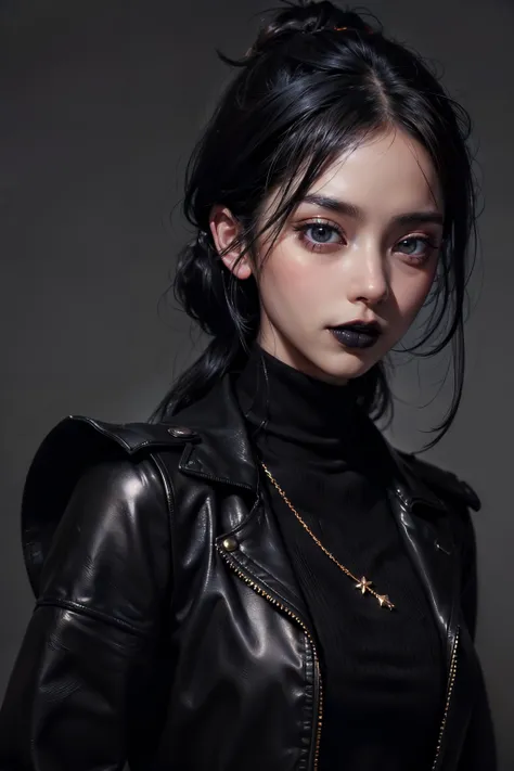 ((wallpaper 8k)), ((high detailed)), ((masterpiece)), ((best quality:1.2)), ((hdr)), ((absurdres)), ((RAW photo)), 1girl, black hair, medium hair, black eyes, shoulder, cute, portrait, black jacket, black shirt, black sweater, beautiful lighting, black lipstick, black lips