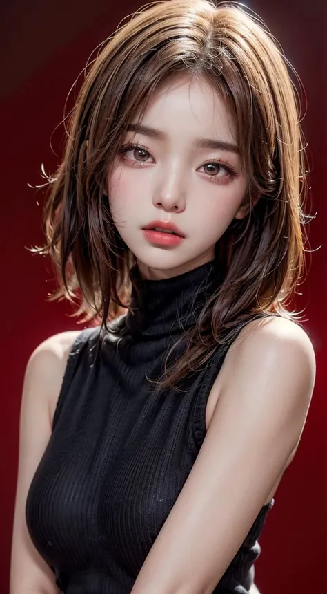 ((best quality, 8k, masterpiece: 1.3)),1girl, ((turtleneck, black sweater, simple background, red background))  <lora:add_detail (1):0.9>  <lora:cute-ul22ang:0.6>