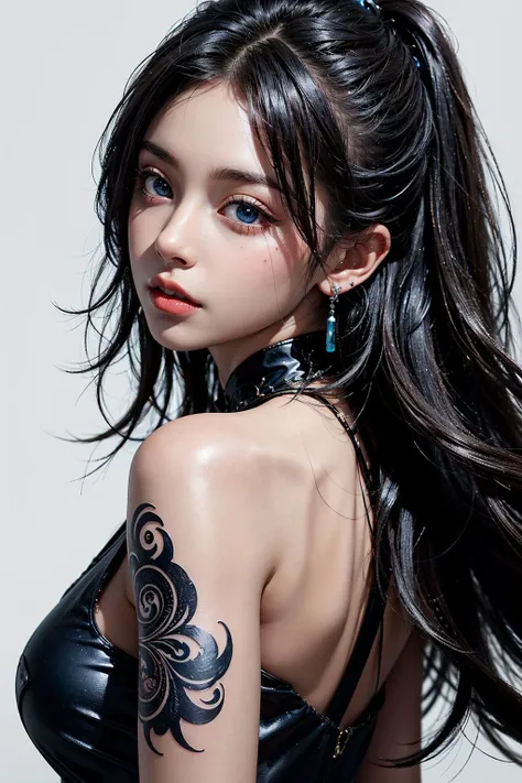 best quality, masterpiece, curls, black hair, 1girl, solo, tattoo, black hair, earrings, jewelry, long hair, looking at viewer, arm tattoo, simple background, white background, lips, upper body, chinese clothes, blue eyes, sleeveless, <lora:add_detail:0.5>