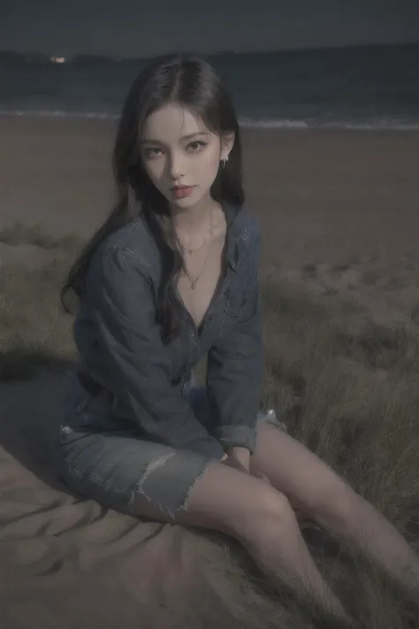 night, wind lift, moon light, side lighting, best quality, masterpiece, (photorealistic:1.4), dramatic lighting, professional photo, Lonely, gloomy, mysterious,
beach, sandy beach, sand, lying, (lying on grass field), (hands blocking face), perfect fingers, thin fingers, long grass, grass shadow, wild grass, sandy beach, perfect shadow:1.2, (grass shadow), drop shadow, low light,
1gilrl, natural skin texture, fashion, wet hair, black hair, from above:1.4, looking at viewer, smile, full body,
worn out jean jacket, office shirt, bare waist:0.8, necklace, earrings, dark culottes,
blue tone impression,
<lora:add_detail:0.6>
<lora:LowRa:0.1>