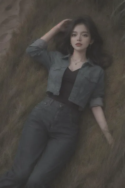 night, wind lift, moon light, side lighting, best quality, masterpiece, (photorealistic:1.4), dramatic lighting, professional photo, Lonely, gloomy, mysterious,
beach, sandy beach, sand, lying, (lying on grass field), (hands blocking face), perfect fingers, thin fingers, long grass, grass shadow, wild grass, sandy beach, perfect shadow:1.2, (grass shadow), drop shadow, low light,
1gilrl, natural skin texture, fashion, wet hair, black hair, from above:1.4, looking at viewer, smile, full body,
worn out jean jacket, office shirt, bare waist:0.8, necklace, earrings, dark culottes,
blue tone impression,
<lora:add_detail:0.6>
<lora:LowRa:0.1>