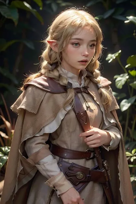 <lora:gelflingmacho:1>, 1gelfling,(real),(masterpiece:1.4), (best qualit:1.4), (high resolution:1.4), cowboy shot,(small body), dramatic shadows, dynamic angle, cinematic camera, dynamic pose, dramatic angle, depth of field, water particles, chromatic aberration, (blonde:1.4), female, (light brown linen clothes:1.4), (light brown linen cape:1.4), braids, Brian and Wendy Froud, character portrait, forrest