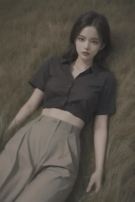 night, moon light, side lighting, best quality, masterpiece, (photorealistic:1.4), dramatic lighting, professional photo,
lying on grass field, long grass, wild grass, sandy beach, perfect shadow:1.2, (grass shadow), drop shadow, low light, Cool tone, from above,
1gilrl, natural skin texture, fashion, wet hair, black hair, from above:1.4, looking at viewer, smile, full body,
office shirt, unbuttoned shirt, bare waist, neck ribbon, culottes, (worn out clothes),
perfect fingers, thin fingers, crossed arms,
Lonely, gloomy, mysterious,
add_detail<lora:add_detail:0.4>