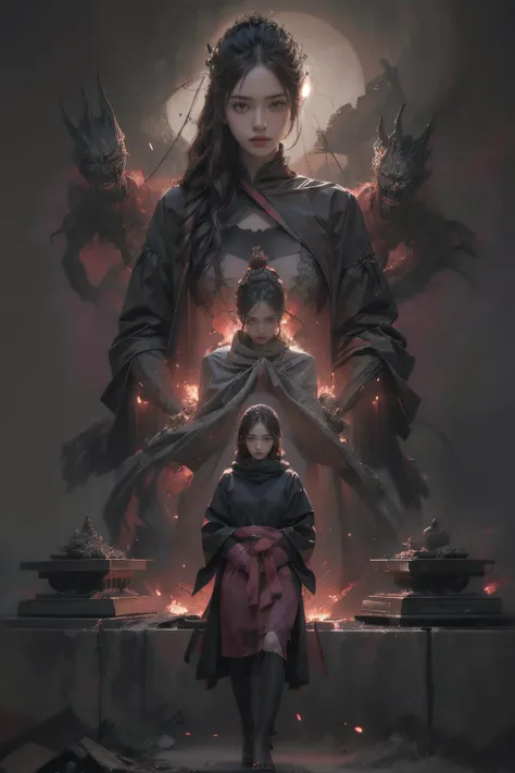 1girl,(a girl standing in front of a group of Red statues, silent hill concept art, wearing a nightgown, stephen gammell style, official anime artwork, in prison, coffin comics, wearing a light shirt, burka, girl's room, leni robredo, sfw version, cushart, inspired by Jeanne Hbuterne) ,(from below:0.8), (full body:0.9), (wide shot1.2), silhouette, atmospheric perspective, High color saturation,(monster, <lora:monster:0.75>), (Very crowded background),pink flower, <lora:ZXGD_mei:0.55>,
(photorealistic:1.4), ultra detailed, beautiful and aesthetic, masterpiece, best quality,lifelike rendering,<lora:more_details:0.4>, <lora:lit:0.15>,