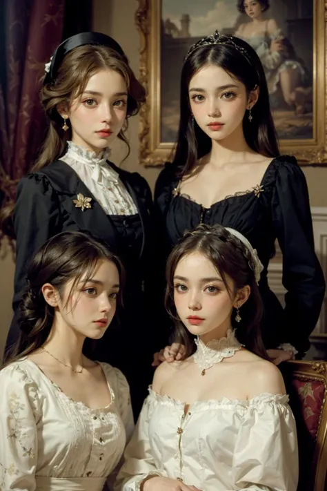 Three women in victorian dresses posing for a photo - SeaArt AI