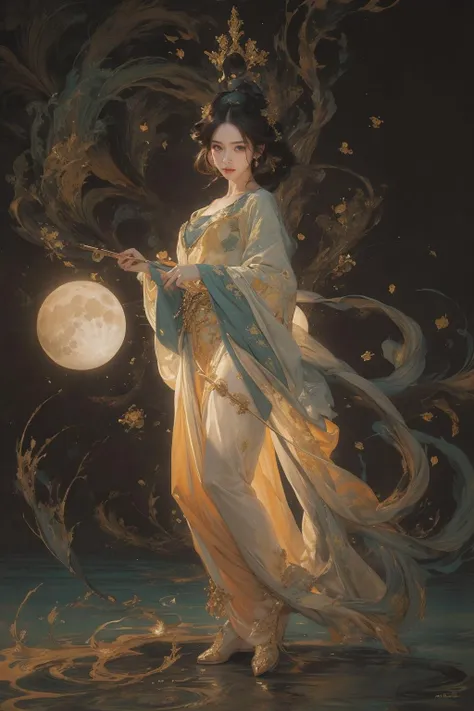 ((nude:1)),(boobs naked:0.55), ink painting, ((moon:1)), (masterpiece, top quality, best quality, official art, beautiful and aesthetic:1.2), (1girl:1.4), extreme detailed,(joshua middleton comic cover art:1.1), (Action painting:1.2),(concretism:1.2),theater dance scene,(hypermaximalistic:1.5),colorful,highest detailed,<lora:anxiang:0.55>,