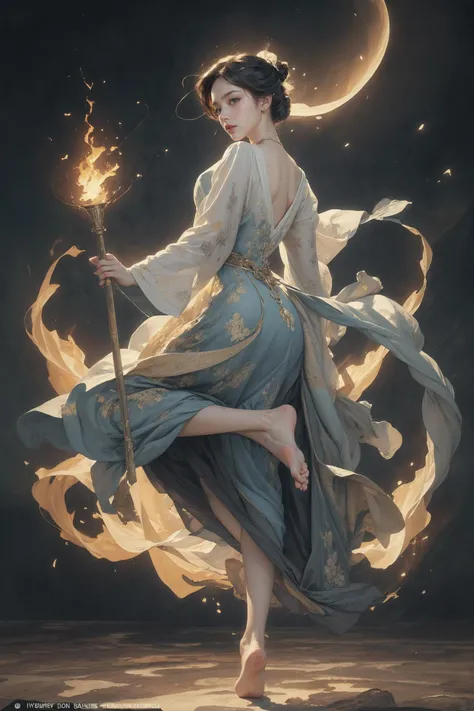 ink painting, ((moon:1)), (bare feet), (masterpiece, top quality, best quality, official art, beautiful and aesthetic:1.2), (1girl:1.4), extreme detailed,(joshua middleton comic cover art:1.1), (Action painting:1.2),(concretism:1.2),theater dance scene,(hypermaximalistic:1.5),colorful,highest detailed,<lora:anxiang:0.55>,