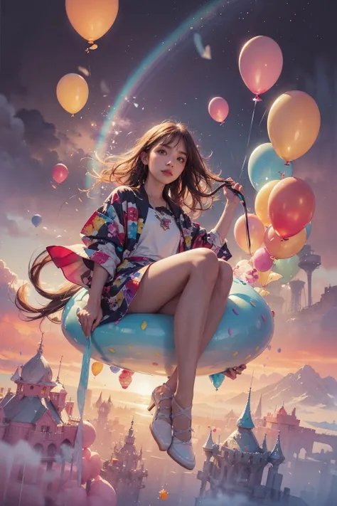 A girl sitting on a giant ice cream, which is adorned with vibrant colors, delightful frosting, and rainbow sprinkles. She holds an oversized waffle cone,shimmering candies. Floating around her are some small balloons, each tied to a petite candy. The scene is filled with sweetness and joy, showcasing the girl's happiness and the enchanting fusion of her imagination and a fantastical world,fantasy, high contrast, ink strokes, explosions, over exposure, purple and red tone impression , abstract, ((watercolor painting by John Berkey and Jeremy Mann )) brush strokes, negative space,