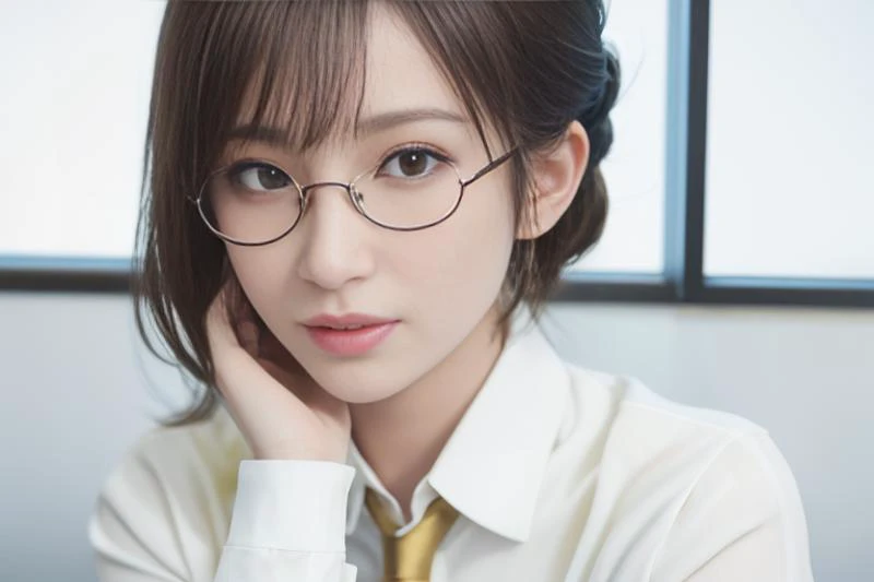 masterpiece,best quality,highres,(photorealistic:1.4),,8K,
hyper realistic,lifelike texture,dramatic lighting,Nikon RAW photo,8k,Fujifilm XT3,masterpiece,best quality,realistic,(photorealistic:1.4),ultra detailed,extremely detailed face,,
1girl,beautiful face,beautiful eyes,[blue|brown:0.8] eyes,Updo haircut,([brown|gold:0.2] hair),floating hair,,
,framed eyewear,cutie,(smile:0.8),,
,
student uniform,white uniform,white pantyhose,<lora:40D_vertical_stripe_white_pantyhose:1>,,badhandsv5,