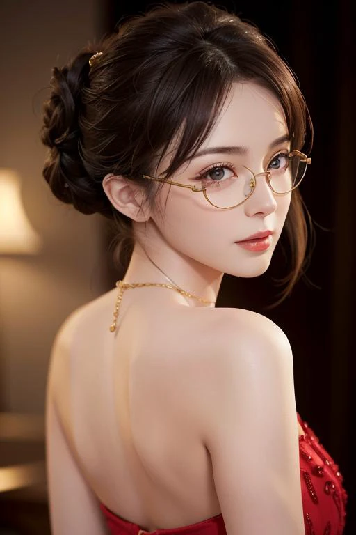 hyper realistic,lifelike texture,dramatic lighting,Nikon RAW photo,8k,Fujifilm XT3,masterpiece,best quality,realistic,(photorealistic:1.4),ultra detailed,extremely detailed face,,
beautiful eyes,beautiful face,half updo,([brown|blonde:30] hair),(red And brown) eyes,(eyewear on hair),looking back,(smile:0.7),(evening gown:0.7),backless outfit,gold necklace,