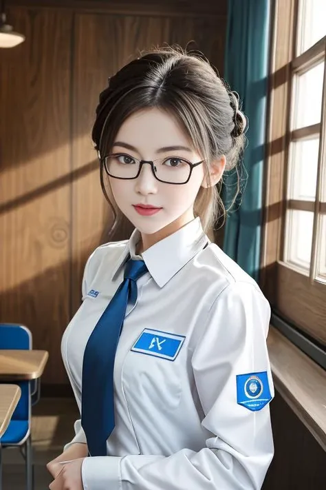 masterpiece,best quality,highres,,8K,
hyper realistic,lifelike texture,dramatic lighting,Nikon RAW photo,8k,Fujifilm XT3,masterpiece,best quality,realistic,ultra detailed,extremely detailed face,,
1girl,(beautiful face),(beautiful eyes),[blue|brown:0.8] eyes,Updo haircut,floating hair,,
,(framed eyewear),cutie,(smile:0.8),,
in the classroom,The sun shines in through the window,indoors,,
(student uniform:1.2),(white uniform:0.8),white pantyhose,<lora:40D_vertical_stripe_white_pantyhose:1>,,ulzzang-6500-v1.1,
