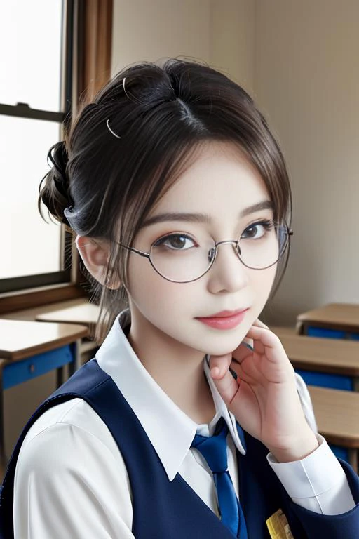 masterpiece,best quality,highres,,8K,
hyper realistic,lifelike texture,dramatic lighting,Nikon RAW photo,8k,Fujifilm XT3,masterpiece,best quality,realistic,ultra detailed,extremely detailed face,,
1girl,(beautiful face),(beautiful eyes),[blue|brown:0.8] eyes,Updo haircut,floating hair,,
,(framed eyewear),cutie,(smile:0.8),,
in the classroom,The sun shines in through the window,indoors,,
(student uniform:1.2),(white uniform:0.8),white pantyhose,<lora:40D_vertical_stripe_white_pantyhose:1>,,ulzzang-6500-v1.1,
